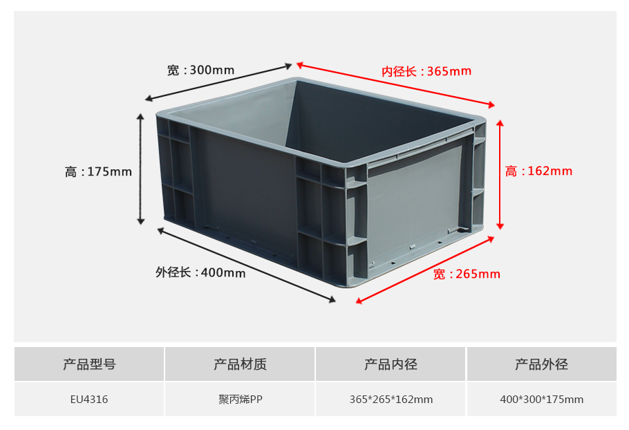 william威廉中文官网EU4316塑料物流箱正面展示 william威廉中文官网EU4316塑料物流箱正面展示,小型常规深度设计带加强筋