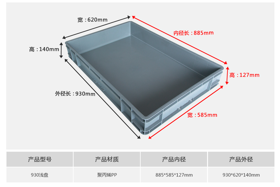 william威廉中文官网930浅盘塑料物流箱正面展示，超大型浅盘设计带加强筋