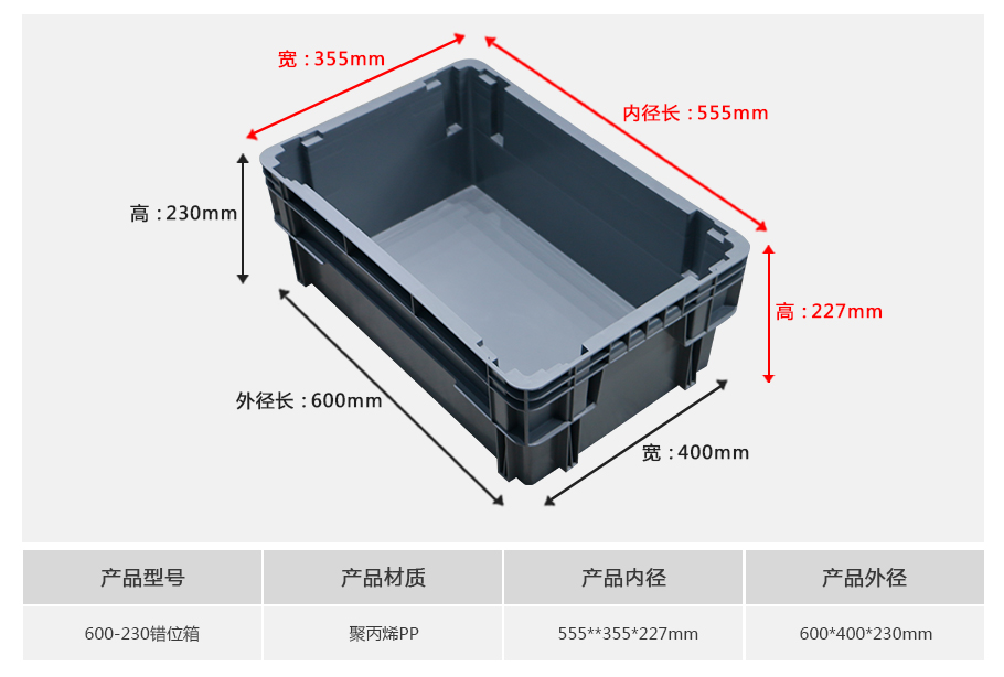 william威廉中文官网600-230错位塑料物流箱-正面展示