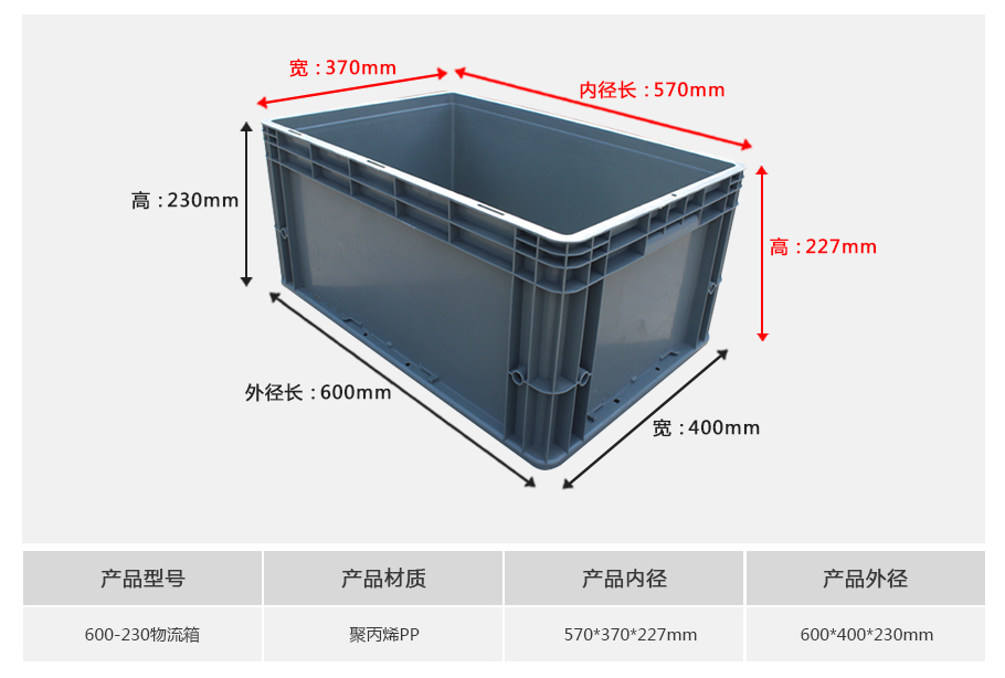 william威廉中文官网600-230塑料物流箱正面展示，常规大底面积较深型设计带加强筋